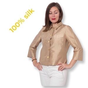 Sharon Young golden collard cropped 100% silk blazer Sz S/M